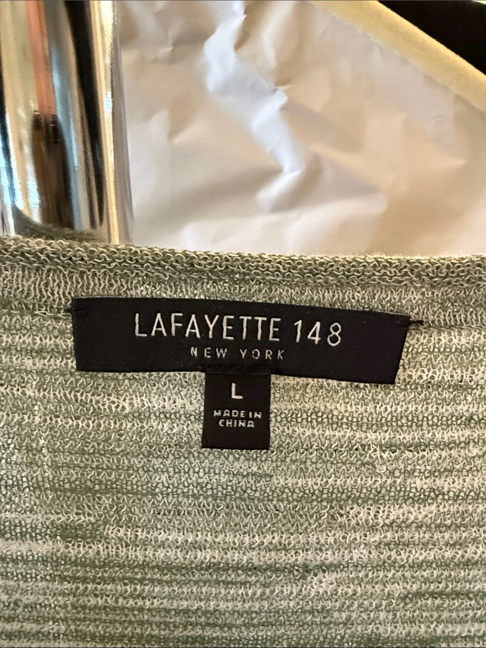 Lafayette 148 New York sage green and cream striped knit top